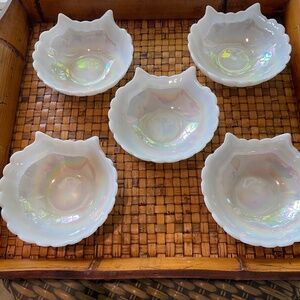 Vintage Iridescent White Milk Glass Scalloped Shell Bowls